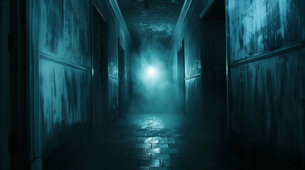 Fototapeta premium In a dark corridor, a mysterious light flashes and waves, capturing the essence of fear and tension. Its disturbing glow causes a thrill and tempts you to discover mysterious secrets.