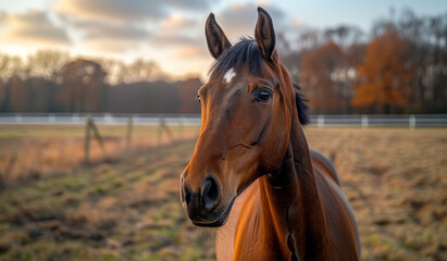 Obraz premium A brown horse is standing in a field with a fence behind it