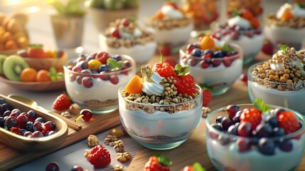 Colorful Arrangement of Probiotic Yogurt and Fortified Cereal in Scandinavian Minimalist Setting