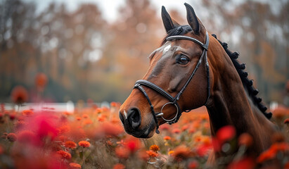 Obraz premium A brown horse with a black bridle stands in a field of red flowers