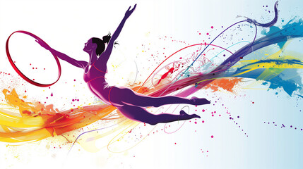 Olympic rhythmic gymnastics banner decorated with swirling colors and a hoop - perfect for promoting sporting events.