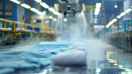 Obraz premium Professional dry cleaning process using steam ironing in a modern plant, ensuring high quality clothing care.