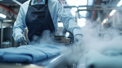 Obraz premium Professional dry cleaning process using steam ironing in a modern plant, ensuring high quality clothing care.