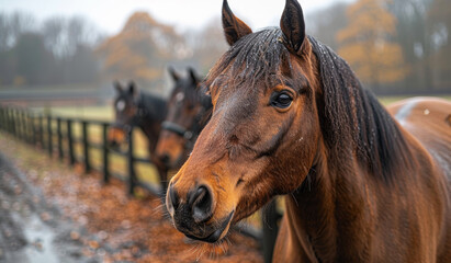 A brown horse with a black mane and tail is standing in a field