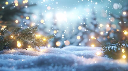Festive snow-covered forest with Christmas decorations.