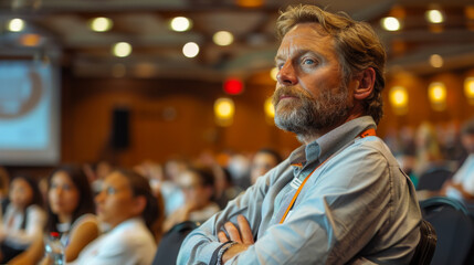 Fototapeta premium A stately man stands with his arms crossed at a public speaking event. Handsome male coach at a conference. Leadership development programs, business conference.