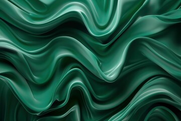 Obraz premium Abstract green wavy background, liquid glass waves, dark emerald and black, luxurious wall art, high-res, elegant, glowing, fluid motion