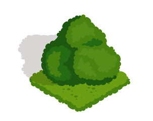 Isometric green bush. Icon with lush plant for decorating park or garden landscape. Wild forest bush. Nature and environment. Cartoon 3D vector illustration isolated on white background