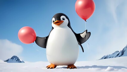 Obraz premium Cute penguin holding a balloon in Antarctica background