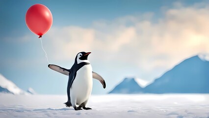 Obraz premium Cute penguin holding a balloon in Antarctica background