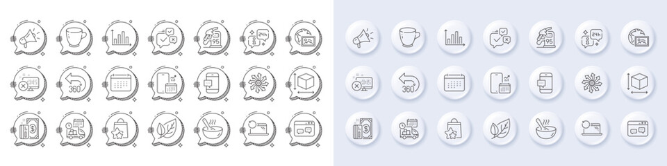 Phone calendar, Versatile and Browser window line icons. White pin 3d buttons, chat bubbles icons. Pack of Loyalty points, Delivery, Info icon. Diagram graph, Web photo, Megaphone pictogram. Vector