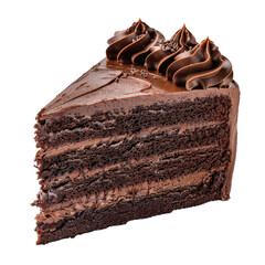Close-up of a delicious slice of layered chocolate cake with rich chocolate frosting, perfect for dessert enthusiasts and food photography enthusiasts.