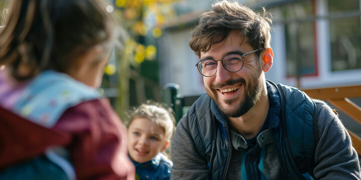 Sozialarbeiter unterh&auml;lt sich mit Kindern