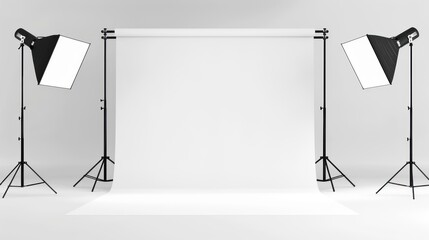 Interior of a modern Professional photo studio with a white background for a photography studio with soft box lights and lighting equipment for a product. Blank backdrop for mockup design.