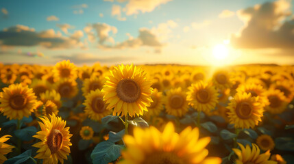 Fototapeta premium Field of ripe sunflowers on a sunset field. On a sunny day, sunflowers on an agricultural field. Agriculture and gardening concept. A bountiful harvest.