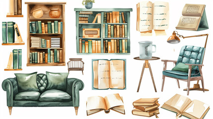 Watercolor set in brown and green color of antique interior items - lamp, armchair, sofa, book, table, bookcase, plant, chair.
