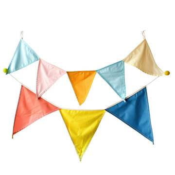 Colorful bunting flags with various shapes and hues against a white background. Perfect for celebrations and festive decorations.