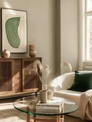 Scandinavian Living Room with Green and White Striped Poster