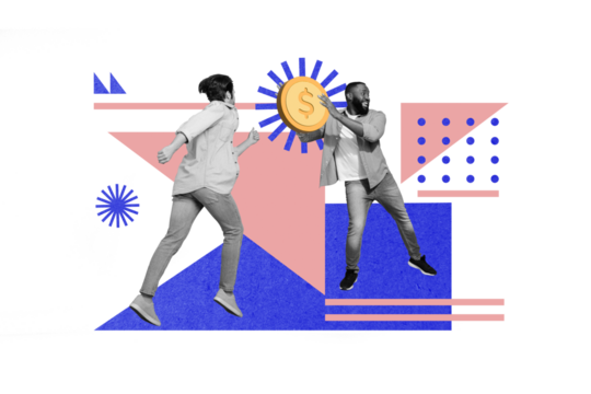Creative collage image of two excited black white effect guys run arms hold big money coin isolated on drawing background