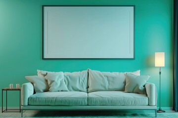 A chic living room with a turquoise accent wall, a single large empty frame above a minimalist sofa, under soft lighting.