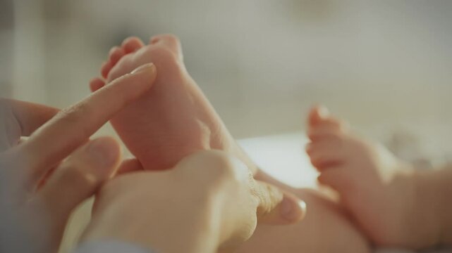 A young happy Asian mother strokes her baby&rsquo;s leg, watching him move his fingers. Taking care of a child, a mother shows care by touching her child's leg