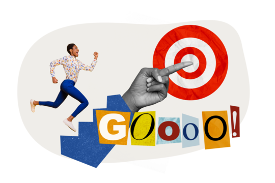 Creative abstract photo artwork collage of ambitious purposeful motivated girl running upstairs to aim isolated drawing background