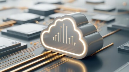 Futuristic cloud computing concept with glowing cloud icon and circuit board. Digital transformation and data processing technology.