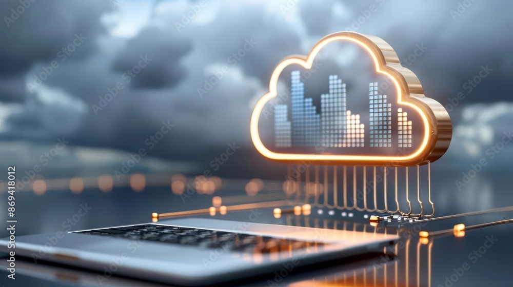 Poster digital cloud computing concept with a futuristic cityscape integrated into a cloud hovering above a