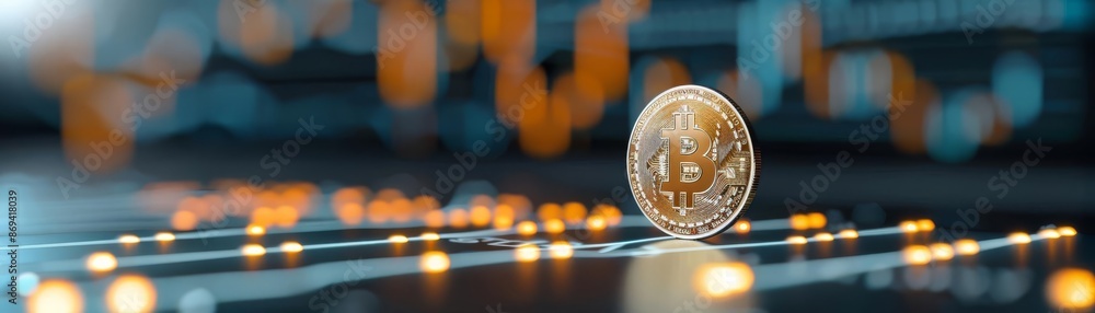 Aufkleber close-up view of a single bitcoin on a digital chart with glowing lights, representing cryptocurrenc