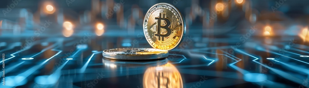 Aufkleber shiny gold bitcoin standing on a circuit board illuminated by blue lights, symbolizing digital curre