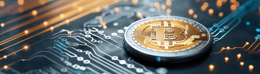 A bitcoin on a digital circuit board, representing cryptocurrency and blockchain technology in a futuristic digital finance concept.