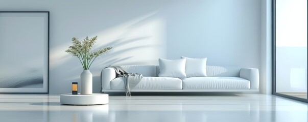 Modern minimalist living room with a comfortable white sofa, decorative plant, and large window letting in natural light.