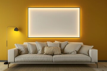 A chic living room with a mustard yellow accent wall, a single large empty frame above a modern sofa, softly illuminated.