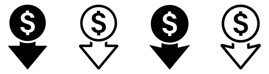 Trendy cost reduction vector icons. Dollar cost reduction signs