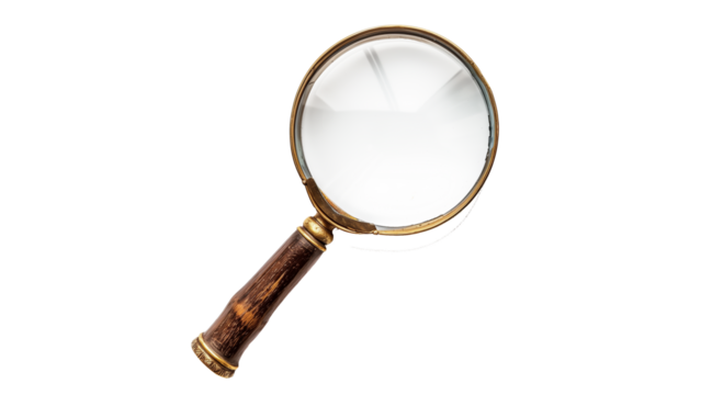 Old fashioned magnifier cutout. Magnifying glass with wooden handle