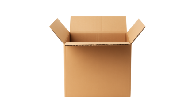 Cardboard box cutout. Open box on transparent background