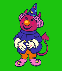 Stylized illustration of cute red clown or jester doll with devil horns and tail smiling wearing a blue pointy hat with medicine pill pattern isolated on neon green screen background