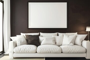 A chic living room with a dark brown accent wall, a single large empty frame above a white sofa, softly illuminated.