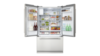 Open refrigerator with food cutout. Fridge with food on transparent background