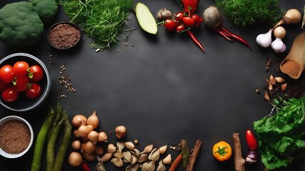 Food background: ingredients for cooking. Tomatoes, mushrooms, rosemary, eggs and spices on an old background. Top view.