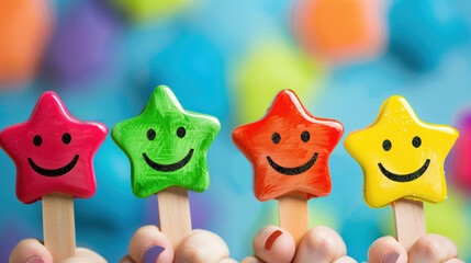 Fototapeta premium Happy Customer Feedback - Smiling Faces, Colorful Rating Stars, Thumbs Up, Cheery Interactions in Customer Service