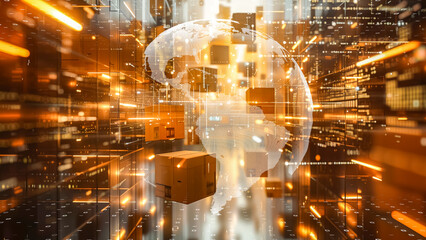 High-tech warehouse with interconnected global logistics network