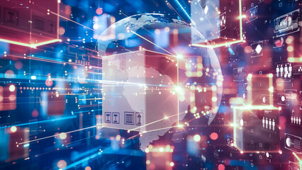 High-tech warehouse with interconnected global logistics network