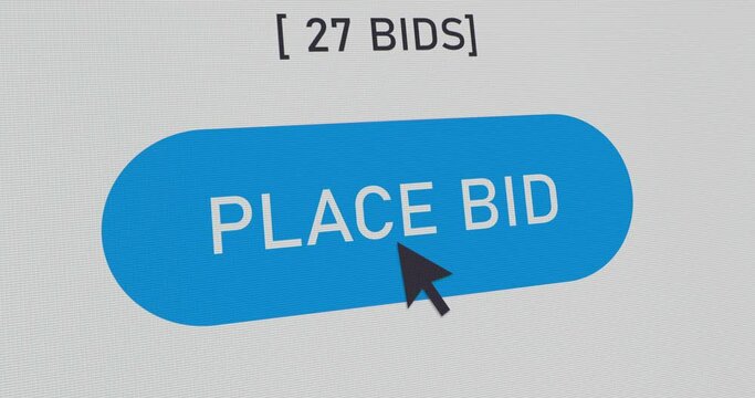 Place bid button press, auction website on monitor, bidding online,  close-up interface of website, footage