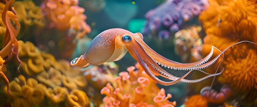 Squid is swimming near the coral reef