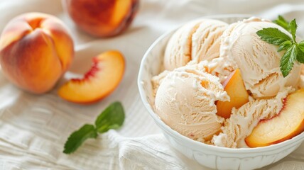 Creamy peach ice cream in white bowl with fresh slices and green mint leaves