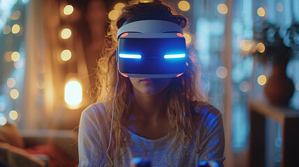 Woman playing a virtual game with a VR headset, surrounded by holographic projections
