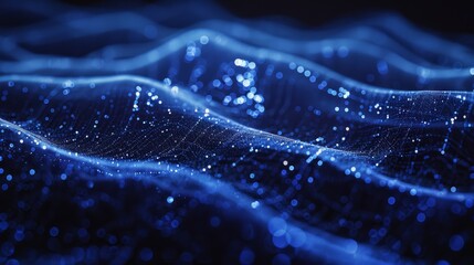 Photo of mesmerizing blue digital particle waves on dark blue background. forming a complex and technologically advanced facility