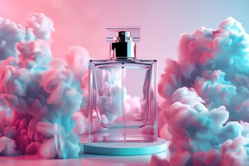 Commercial photography, perfume bottle on podium surrounded in the style of pastel smoke clouds, pink and blue color palette