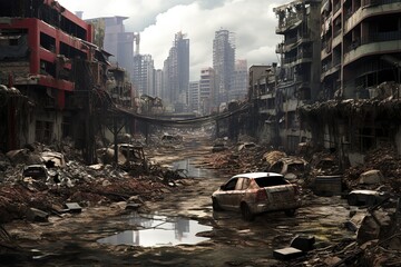 Obraz premium Post apocalypse. Nuclear apocalypse survivor. Ruined Cityscape. Concept. High quality 3d illustration